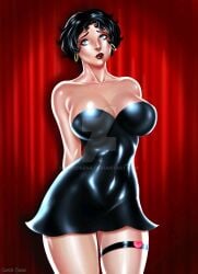 1girls 2025 abs_visible_through_clothing arms_behind_back bare_legs bare_shoulders belly_visible_through_clothing betty_boop betty_boop_(series) black_dress black_hair blue_eyes busty cleavage curvy deviantart deviantart_link dress earrings female female_only fleischer_studios hands_behind_back hoop_earrings human lanio_sena light-skinned_female light_skin lipstick no_ai no_bra no_bra_under_clothes red_background red_lipstick shiny_skin short_hair slim_waist strapless strapless_dress watermark western_cartoon