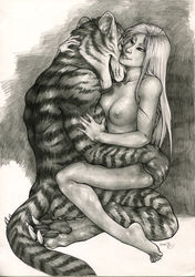 anthro anthro_on_female anthro_on_human anthro_penetrating anthro_penetrating_female anthro_penetrating_human biceps bodybuilder breasts breasts_on_chest claws cowgirl_position feline female female_penetrated fur furry hair harag human human_female interspecies kneeling long_hair male monochrome mouth muscle muscle_worship muscles nipples nonhuman_male_on_human_female paws romantic smile straight tail tiger