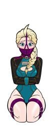1female 1girls alternate_costume bdsm_collar bondage bondage_outfit boob_window collar elsa_(frozen) female frozen frozen_(film) gag gagged harness_gag harness_muzzle_gag head_harness latex latex_bodysuit latex_clothing leather_straps legbinder muzzle_gag numbered_tag panel_gag straitjacket wossarem