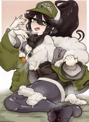 black_legwear booty_shorts cap feet fully_clothed indie_virtual_youtuber kara_wilderwood ponytail repost sweating turtleneck valkris9 white_sweater
