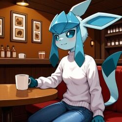 1girls ai_generated anthro bar clothing coffee coffee_cup dressed eeveelution female glaceon hair indoors jeans looking_at_another pokemon pokemon_(species) relaxing serbm sitting small_breasts smile solo sweater table