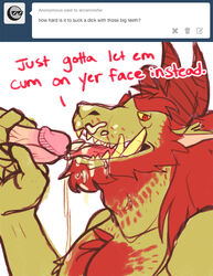 anthro arcarc body_hair chest_hair cum cum_on_face cum_on_tongue cum_taste disembodied_penis dragon duo hair handjob humanoid_penis male penis red_hair redneck scruffy sex solo_focus tongue yaoi