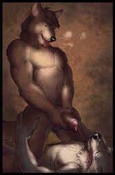 anthro canine cum dasaod dripping facial fur furry furry_only gay kneeling lying male no_humans on_top penis standing toned tongue_out wolf