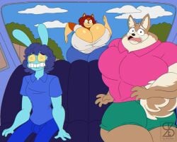1girls 2boys 2d 2d_(artwork) 2d_artwork big_breasts blue_body blue_fur blue_hair blue_hair_male breasts breasts_bigger_than_head bunny bunny_boy bunny_ears car_seat clouds comedy day daytime digital_drawing_(artwork) digital_media_(artwork) enormous_breasts finnish finnish_girl funny green_eyes green_eyes_female humor large_breasts male mama_maria milf muscular muscular_female pecs red_hair red_hair_female relle running scared scared_expression scared_face short_hair short_hair_female sitting straight_face superix the_simpsons_reference thighs thighs_bigger_than_head two-tone_body two_tone_fur