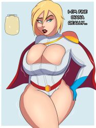 1girls bladder_gauge blonde blonde_female blonde_hair blueartfiend breasts cape cleavage cleavage_cutout cleavage_overflow dc dc_comics dialogue gloves have_to_pee jiggling_breasts leotard lipstick omorashi peeing power_girl red_lipstick sound_effects superheroine superman_(series) talking_to_another urine urine_in_bladder