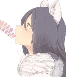 after_fellatio animal_ears bar_censor black_hair blush censored commentary_request cum cum_in_mouth cum_on_tongue facial female kohaku_q long_hair open_mouth penis princess_connect! profile shiori_(princess_connect!) simple_background small_penis tongue tongue_out upper_body white_background yellow_eyes