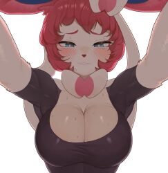 2d 2d_(artwork) anthro anthrofied big_breasts biting_lip blush breasts cleavage clothing eeveelution female female_only fur furry furry_only looking_at_viewer narrowed_eyes on_top pink_hair pokémon_(species) pokemon pokemon_(species) short_hair solo solo_female sweat sweating sweaty_breasts sylveon tagme tight_clothing tight_fit white_body white_fur yawar