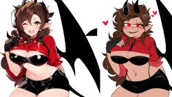 ai_generated anime_style big_breasts breasts comparison demon_girl demon_wings friday_night_funkin friday_night_funkin_mod green_eyes looking_at_viewer original red_eyes red_sweater shanice_(shawncookie) shawncookie thick_thighs thong_straps