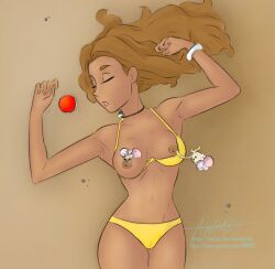 1girls awmbh big_breasts breasts brown_hair female female_only human morelull nemasyu nipples npc_trainer pokemon pokemon_sm sleeping swimmer_(pokemon) swimmer_(pokemon_sm) tan_body tan_skin tan_skinned_female