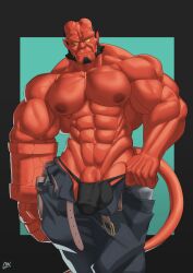 balls bara black_hair broken_horn bulge cwaffle dark_horse demon facial_hair flaccid hellboy hellboy_(series) horns male male_only muscles muscular open_fly pants penis red_body red_skin shirtless solo solo_male tail