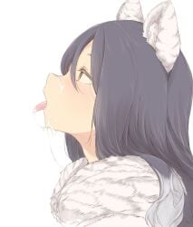 animal_ears black_hair blush commentary_request cum cum_in_mouth cum_on_tongue facial female kohaku_q long_hair open_mouth princess_connect! profile shiori_(princess_connect!) simple_background solo tongue tongue_out upper_body white_background yellow_eyes