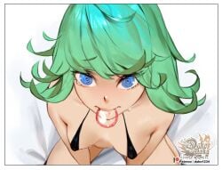 1girls bikini black_bikini blue_eyes closed_mouth commentary condom condom_in_mouth curly_hair english_commentary female from_above green_hair highres hu_dako looking_at_viewer mouth_hold one-punch_man patreon_username short_hair smile solo swimsuit tatsumaki