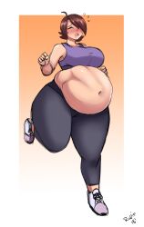 1girls ambiguous_prey big_breasts blush breasts brown_hair brown_hair_female chubby chubby_female detailed_bulge excercise exercise exercising exhausted female_pred gizblah hair_over_eye jogging_pants larger_female light-skinned_female light_skin oral_vore original original_character running short_hair soft_vore sweatdrop thick_thighs thighs tired training vore vore_belly workout_clothes