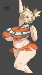 1girls amaterart areola_slip areolae armpits big_breasts blonde_hair bottomwear breasts cheerleader cheerleader_uniform female female_only hair hair_ornament hips huge_breasts large_breasts mature mature_female mature_woman milf mitsuki_bakugou mother my_hero_academia nipples orange_skirt red_eyes skimpy skimpy_clothes skirt solo solo_female sweat sweatdrop thick_thighs thighs thong white_thong