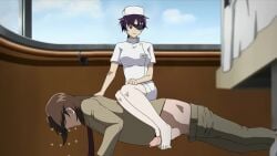 1boy 1girls animated clothed_female clothed_male erection eyepatch female_dom female_dominating_male female_domination femdom footjob human_chair kurou_amano larger_male male_sub mirai_nikki nurse nurse_uniform sitting_on_person small_dom_big_sub smaller_female tagme two-footed_footjob unimpressed uryuu_minene video zenov