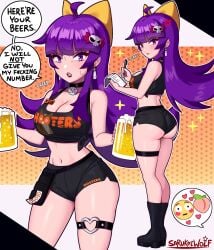 1girls ass beer black_choker black_lipstick black_nails breasts choker english_text female female_only fully_clothed goth goth_girl gothic hair_ornament hooters hooters_uniform light-skinned_female light_skin lipstick long_hair looking_at_viewer nail_polish oc original purple_eyes purple_hair revealing_clothes sarukaiwolf skimpy_clothes skull_hair_ornament text text_bubble thighs tight_clothing uniform violentine_(sarukaiwolf)