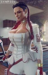 1girls 3d apex_legends big_breasts bimbo braided_hair breasts brown_hair busty cleavage dark-skinned_female dark_skin huge_breasts large_breasts loba loba_(apex_legends) looking_at_viewer makeup red_hair solo superhentaimaster9000 thick_lips tight_clothing voluptuous wide_hips