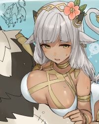 1boy 1girls alternate_costume animal_ears ash_(fire_emblem) askr_(fire_emblem) ass big_ass breasts brown_eyes cow_girl dark-skinned_female dark_skin earring female female_focus fire_emblem fire_emblem_heroes grey_hair haru_(nakajou-28) horns large_breasts male nintendo one-piece_swimsuit solo_focus sweatdrop swimsuit tail white_one-piece_swimsuit white_swimsuit