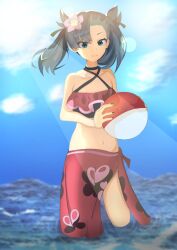 1girls beach_ball bikini black_hair breasts clouds flower_in_hair green_eyes holding_beachball in_water looking_at_viewer marnie_(pokemon) medium_breasts midriff navel nintendo ocean outside painted_fingernails pokemon pokemon_ss red_bikini red_swimsuit sarong sky swimsuit tsunamayo_(tsuna_art27) twintails water