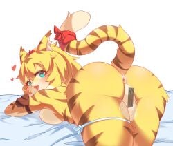 animal_ear_fluff animal_ears animal_nose anthro anus aqua_eyes ass ass_focus bar_censor bed_sheet blonde_hair breasts censored completely_nude female from_behind furry furry_female hair_between_eyes heart highres lalamedli looking_at_viewer looking_back lying medium_hair mia_(world_flipper) nude on_bed on_stomach open_mouth presenting pussy pussy_juice red_pupils red_ribbon ribbon saliva sideboob simple_background solo tail tail_ornament tail_raised tail_ribbon thigh_strap tiger_ears tiger_girl tiger_stripes tiger_tail tongue tongue_out white_background world_flipper