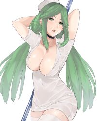 1girls breasts choker dress goddess green_eyes green_hair j@ck kid_icarus kid_icarus_uprising large_breasts looking_at_viewer nintendo nurse nurse_cap nurse_uniform palutena pole thighhighs twintails white_dress