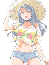 1girls black_hair blue_shorts breasts brown_eyes hat hawaiian_shirt large_breasts long_hair looking_at_viewer midriff mizuki_riko mole mole_under_mouth navel nintendo pattern_shirt sharla_(xenoblade) shirt short_shorts shorts sun_hat tied_shirt xenoblade_(series) xenoblade_chronicles yellow_shirt