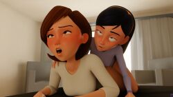 3d animated blender clothed clothed_sex female female/futanari futa_on_female futanari helen_parr high_resolution incest milf mother_and_daughter rolling_eyes sex shim smooth_skin teeth the_incredibles violet_parr