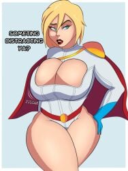 big_breasts blonde_hair blueartfiend breasts cape cleavage cleavage_cutout dc dc_comics dialogue gloves jiggling_breasts leotard power_girl sound_effects superman_(series)