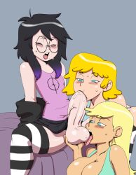 1boy 1femboy 2girls aqua_eyes ball_fondling ball_lick bare_shoulders bed black_and_purple_hair blonde_hair blow blue_background caressing_testicles cheating cheating_girlfriend cleavage collaborative_fellatio cucked_by_femboy cuckold darkeros13 erection fellatio female femboy femboy_on_female ffm_threesome glasses goth goth_boy green_eyes grey_background hetero huge_cock hung_trap large_balls large_breasts large_penis leni_loud licking_balls licking_testicles lori_loud lucy_(marisfaraway) netorare no_panties ntr oral original original_character pink_shirt shimaidon sisters sitting skirt skirt_lift spread_legs stockings straight striped_legwear sucking sucking_penis sweat teamwork the_loud_house thedarkeros threesome trap two_tone_hair uncensored veiny_penis white_panties