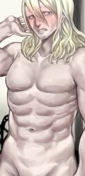 1boy bedroom blonde_hair blue_eyes blush embarrassed fire_emblem fire_emblem_fates hair_between_eyes ignatius_(fire_emblem) indoors male male_only medium_hair muscular muscular_male nervous nintendo pocari66 solo