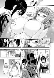 2girls breast_grab breast_press breast_sucking doujinshi drill_hair female_fertilization female_only hairpin harem huge_breasts large_breasts lingerie long_hair monochrome naked nipple_biting nipples original_character purple_eyes purple_hair red_eyes red_hair ribbon school_uniform schoolgirl short_hair underwear undressing yamada_gogogo yuri