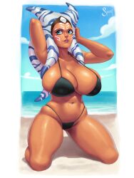 1girls ahsoka_tano beach bikini blue_eyes breasts_bigger_than_head huge_breasts jedi kneeling orange_skin panties seaside sparky.girlsart sparky4rt star_wars star_wars_rebels togruta voluptuous