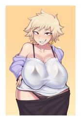 1girls alternate_version_available big_breasts black_bra black_panties blonde_hair blush bra bra_visible_through_clothes breasts ear_piercing earrings female female_only hair hand_on_hip huge_breasts mature mature_female mature_woman milf mitsuki_bakugou mother my_hero_academia nutrio panties red_hair smile solo solo_female