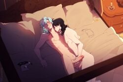 2boys artist_name bed bedroom bishonen black_hair blue_hair blush completely_naked completely_naked_male completely_nude completely_nude_male cum detailed_background digital_media_(artwork) dottore_(genshin_impact) earrings fatui gay genshin_impact gentle_maledom glasses handjob intimate kissing kissing_neck laying_down laying_on_back laying_on_bed leaking leaking_cum light-skinned_male light_skin love male male/male male_focus male_only mask mask_removed medium_hair naked naked_male nude nude_male pantalone_(genshin_impact) pretty_boy romantic scar shoknsfw sunlight yaoi