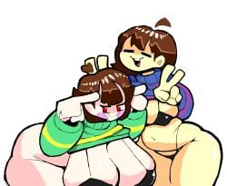 2023 2d 2girls alternate_breast_size bikini black_bikini chara chubby chubby_female color eks-out female frisk hanging_breasts huge_ass huge_breasts lifting_shirt milky_breast multiple_girls red_eyes seductive_smile short_hair toby_fox undertale undertale_(series) wide_hips yellow_skin