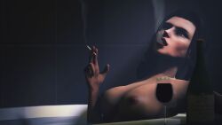 3d areolae bath bathroom big_breasts bioshock bioshock_infinite black_hair blue_eyes breasts burial_at_sea cigarette elizabeth_comstock female female_focus female_only lipstick long_hair makeup mrcrow nipples nude nude_female nudity pinup pinup_pose smoking tagme