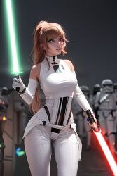 ai_generated bodysuit cameltoe crazy_eyes dankmasterai futuristic green_eyes heterochromia jedi lightsaber ponytail red_eyes science_fiction slender_waist slim_waist stable_diffusion star_wars stormtrooper tagme tight_clothing wide_hips