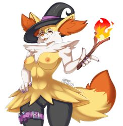 1girls alpha_channel anthro braixen breasts canid clothing eyewear female female_only fire fluffy fluffy_tail fur generation_6_pokemon genitals glasses hand_on_hip hat headgear headwear inner_ear_fluff leg_belt lunabae mammal nintendo nipples pokemon pokemon_(species) pussy round_glasses simple_background solo standing stick tail transparent_background tuft witch_hat yellow_body yellow_fur