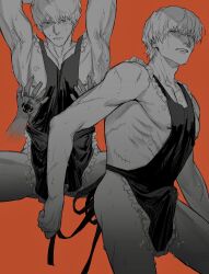 2boys apron armpit_hair arms_up blush bulge disembodied_hands donquixote_rosinante erection erection_under_clothes gay groping kanarigenkai male male_only multiple_scenes muscular muscular_male naked_apron one_piece orange_background pec_grasp restricted_palette scars solo_focus spread_legs sweat trafalgar_law yaoi