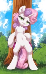 2023 absurd_res cutie_mark equid equine female feral friendship_is_magic genitals grass green_eyes hasbro hi_res horn looking_at_viewer mammal my_little_pony outside plant pussy solo sweetie_belle_(mlp) tree unicorn vistamage