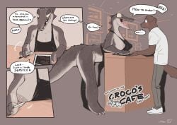 1boy 1girls alligator_barista_(bebebebebe) anthro apron apron_only areolae bebebebebe big_breasts blush brown_fur canine countershading crocodile crocodilian dialogue domestic_dog english_text female grey_scales hi_res male mammal nipple_bulge nipples one_breast_out original original_character reptile scales sharp_teeth sideboob slit_pupils speech_bubble tail voluptuous