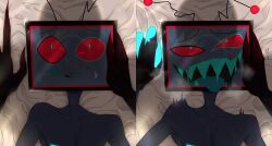 2boys ahe_gao antennae claws cprkaaroo drool drooling hazbin_hotel heart-shaped_pupils pov red_eyes saliva screen screen_face sharp_teeth sweat sweating tagme tongue tongue_out tongue_sticking_out tv tv_head tv_screen valentino_(hazbin_hotel) vivienne_medrano vox_(hazbin_hotel) yaoi