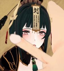 1girls 3d animated black_hair costume fellatio female green_hair hair_ornament hanying large_breasts makeup mole_under_eye mosaic_censoring pale-skinned_female pale_skin punishing:_gray_raven robot_girl