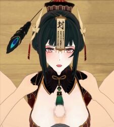 1girls 3d animated black_hair costume female green_hair hair_ornament hanying large_breasts makeup mole_under_eye mosaic_censoring paizuri pale-skinned_female pale_skin punishing:_gray_raven robot_girl tag