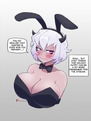 1girls big_breasts blush breasts bunny_ears bunny_girl bunnysuit cleavage clothing demon demon_girl dialogue english_text female female_only helltaker hi_res horns light-skinned_female light_skin malina_(helltaker) red_eyes ribbon tehhank text white_hair