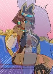 alternate_breast_size anon blunt_bangs bob_cut brown_hair c_o_d_a_(artist) clothed_female_nude_male cum cum_between_breasts cygames dark_skin dragalia_lost easy_access egyptian ejaculation gold_(metal) gold_jewelry green_eyes jewelry nefaria nintendo paizuri see-through_clothing surprised x-ray