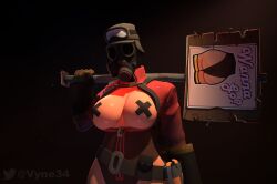 1girls 3d belt belt_buckle belt_pouch big_breasts butt conscientious_objector corset female female_focus female_only fempyro gas_mask gloves image latex latex_suit leotard low_light nipple_tape sign source_filmmaker swimsuit team_fortress_2 unzipped unzipped_bodysuit vyne