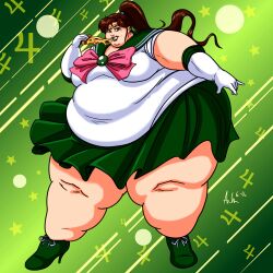 bbw bishoujo_senshi_sailor_moon brown_hair clothing eating fat fat_belly fat_breasts fat_legs female green_dress huge_belly jupiter_symbol makoto_kino pizza plump ray_norr sailor_jupiter skirt smiling smiling_at_viewer ssbbw weight_gain