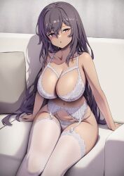 1girls black_hair bra dark-skinned_female dark_skin female female_only indoors itaco lingerie original panties pointy_chin purple_eyes sitting_on_sofa sofa solo white_bra white_panties