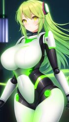 1girls ai_generated android big_breasts curvy curvy_female female_focus female_only fluorescent glowing_eyes green_hair long_hair looking_at_viwer pov robot robot_arms robot_girl robot_humanoid robot_joints yellow_eyes
